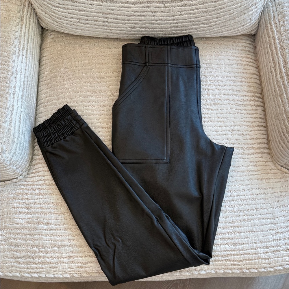 SPANX Black Faux-Leather Track Joggers